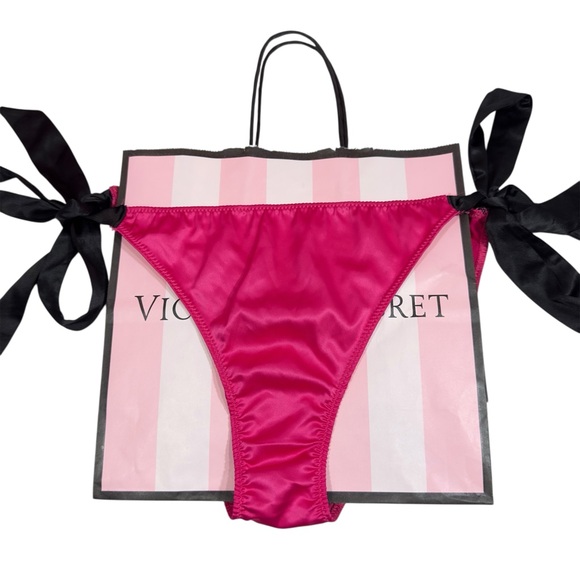 Victoria’s Secret Tease Fuchsia Satin Tie “Love Me Tease Me” Cheeky Panty NWT M - Picture 1 of 5
